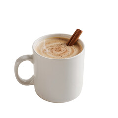 Warm cinnamon latte with creamy foam served in a white mug against a contrasting transparent background, perfect for cozy autumn days.