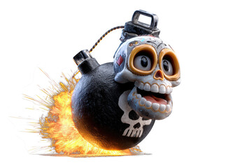 3D cartoon, a happy skull on a black bomb icon with a burning lit fuse