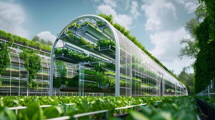 Fototapeta premium Futuristic Urban Farm Optimizes Food Production with High Tech Greenhouses and