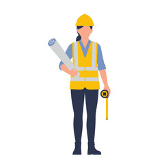 An illustrated female construction worker, wearing a safety vest and helmet, holding a blueprint and measuring tape, against a clean white background.