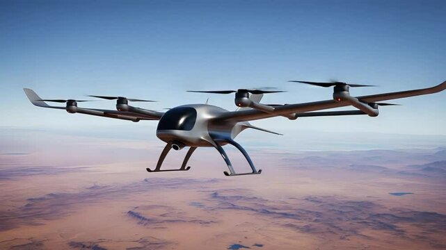 Aerial vehicle flying over desert landscape under a clear blue sky in daytime setting view from below