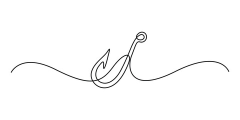 Fishing hook in one continuous drawing illustration. Single line hook vector background. Hook fisherman's equipment icon. Doodle vector illustration