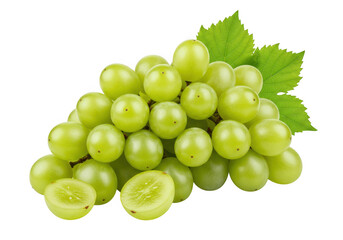 Fresh green grapes with leaves isolated on transparent background