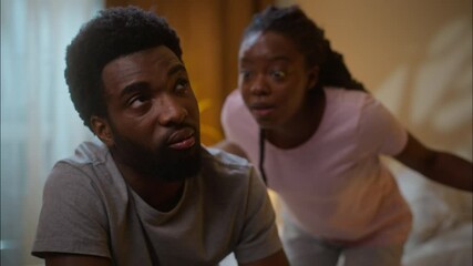 African American family fight crisis argument problem quarrel marriage couple divorce angry mad woman wife shouting yell scream sad guilty man husband cheating jealousy betrayal at home bedroom night - Powered by Adobe