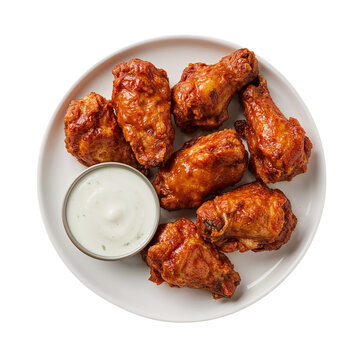 Delicious buffalo chicken wings served on a white plate with creamy dipping sauce against a transparent background