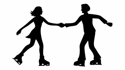 Silhouette of a woman and man ice skating holding hands in a romantic winter scene together in black | editable eps vectors