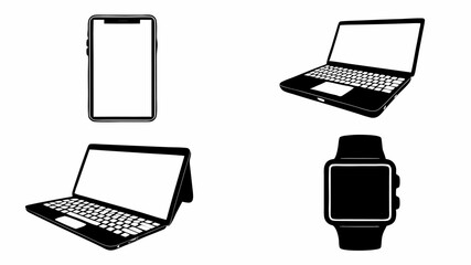 Illustration of a tablet, two laptops, and a smartwatch in black and white with a minimalist design style | editable eps vectors silhouette
