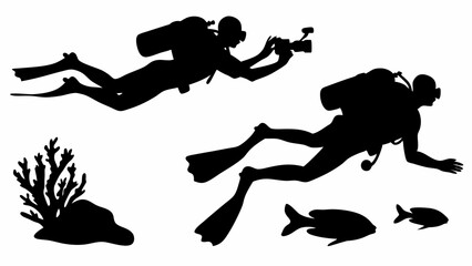 Silhouette illustration of scuba divers exploring underwater with fish and coral reef scene below them | editable eps vectors