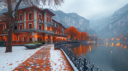 A breathtaking scene of mountain peaks glowing in the morning light, their reflection mirrored perfectly in the calm lake beneath them.
