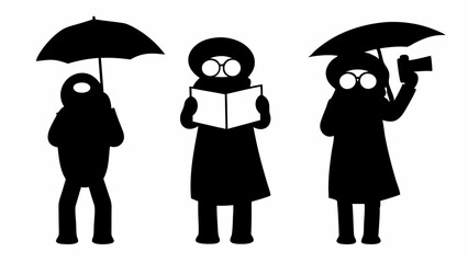 Three figures in silhouette one with umbrella one reading and one with camera and umbrella in black | editable eps vectors