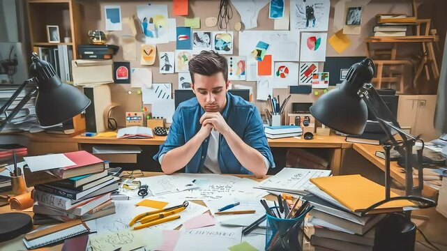 A young man, looking pensive or stressed, sits at a cluttered desk filled with papers, appearing to be deep in thought or speaking in a creative workspace
