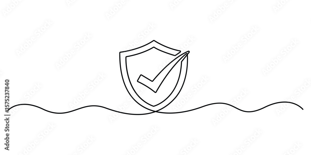 Poster security shield with check mark in one continuous line drawing. shield drawn in single line art styl