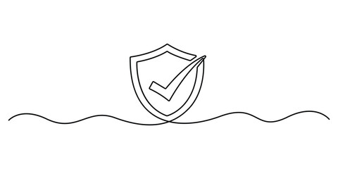 Security shield with check mark in one continuous line drawing. Shield drawn in single line art style. Safety and protection concept vector illustration
