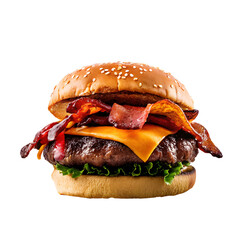 an appetizing bacon cheeseburger, including a beef patty, bacon, cheese, lettuce, and tomato on a bun