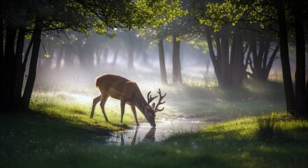Alert Brown Deer Drinking Water in Misty Forest Setting