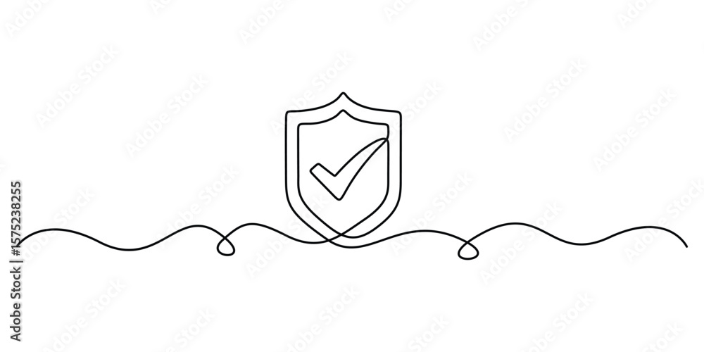 Poster shield check mark continuous one line drawing. security and protection symbol. security shield with 