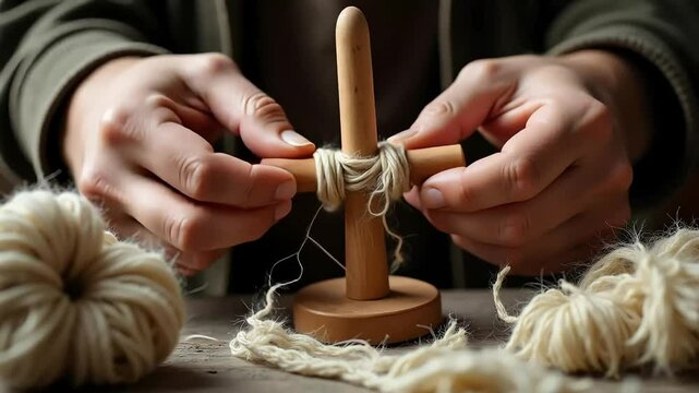 Creating yarn art, looping white yarn around a wooden stand, a simple DIY craft project for handmade items.