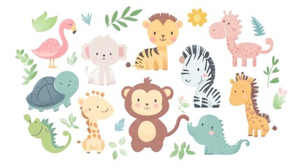 Fototapeta premium Charming cartoon animal assortment with pastel tones and foliage in a flat lay style