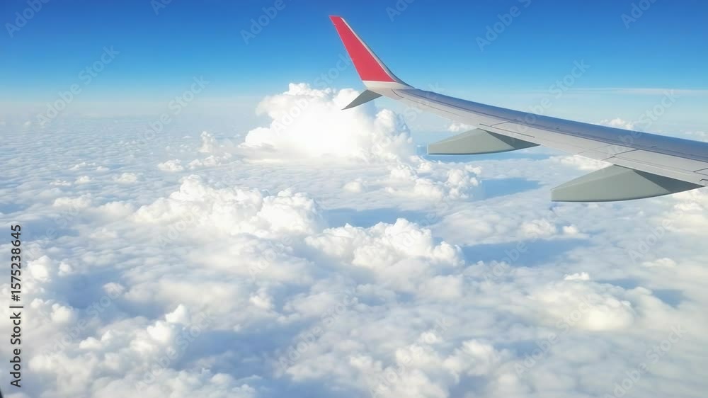 Poster View from an airplane window showing the wing and clouds