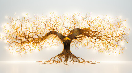 Golden Tree of Tangled Wires and Glowing Circuits – Neural-Inspired Tech-Organic Fusion on White Background, Symbolizing Connection, Innovation, and Bio-Digital Symbiosis