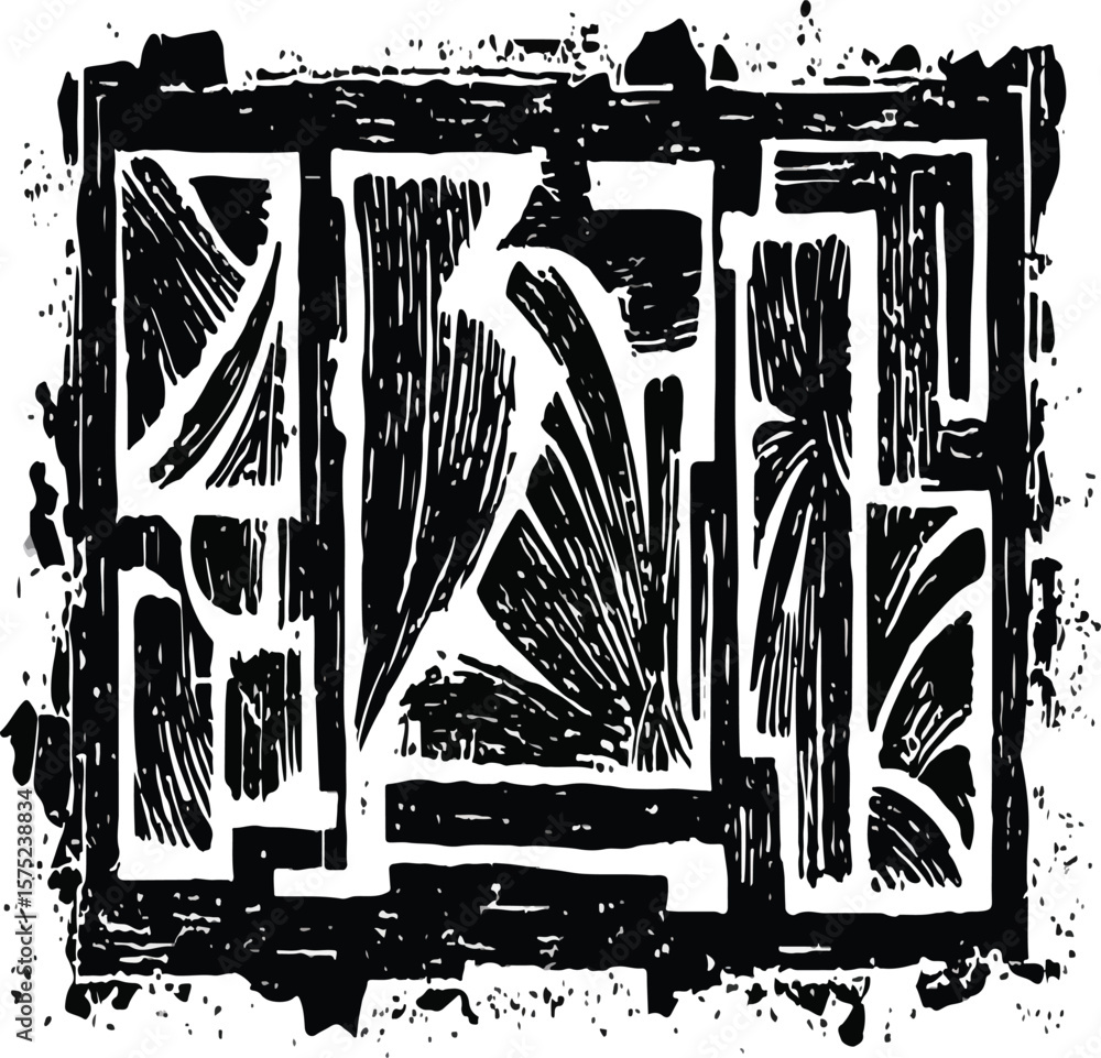 Poster abstract black and white woodcut print with geometric shapes and textured border design element