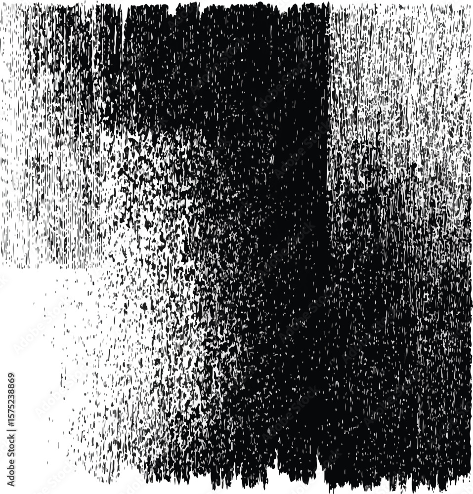 Poster a black and white abstract image showing varying densities of vertical lines and speckled textures