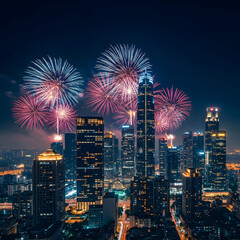 Urban Night Sky Illuminated by Fireworks. Spectacular Cityscape Fireworks Display. New Year's Eve in the City. Vibrant City at Night with Pyrotechnics