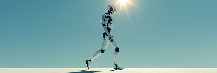 Silhouette banner of a minimal robot walking under the sun