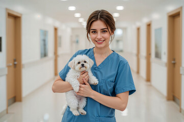 Ukrainian Nurse Holding Small Dog in Modern Clinic Lobby with Blurred Background