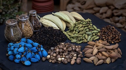 Obraz premium Assorted Spices and Herbs Collection on Dark Stone