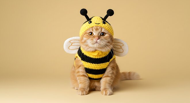 A ginger cat is dressed in a yellow and black bee costume with wings and antennae, sitting against a pale yellow background.