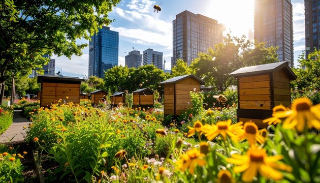 Urban gardens are bustling with activity as bees pollinate flowers amidst the city, reflecting the growing trend of beekeeping in urban environments.