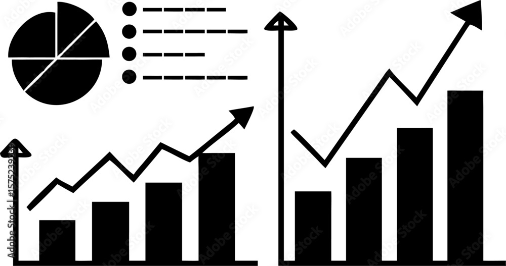 Poster illustration showing charts and graphs representing data analysis and business statistics trends and