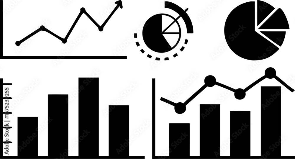 Poster illustration showing various types of charts including line graphs bar graphs and pie charts in blac