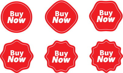 Set of red Buy Now vector call-to-action buttons, stickers, and labels for e-commerce.
