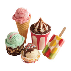 Variety of summer ice cream treats including waffle cone soft serve sundae and fruit popsicle