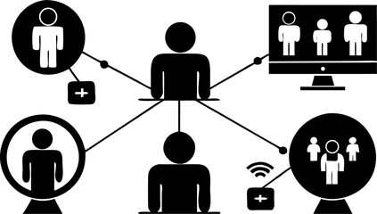 Illustration of a central figure connected to various communication channels and remote participants