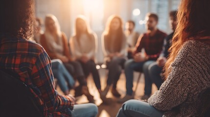 Support group participants gather in a circle during a therapy session with sunlight streaming through a window, creating a sense of hope.