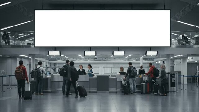 Airport check in counter with large empty screen