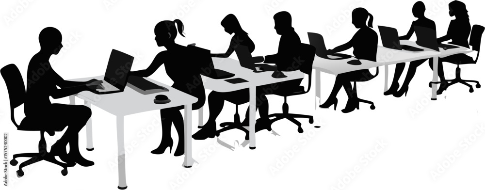Aufkleber silhouette of people working on laptops at desks in a row in a modern office setting at work space