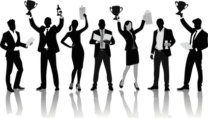 Silhouette of business team celebrating success with trophies and documents in their hands on white background