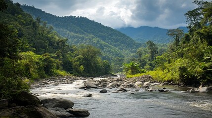 Serene river flows through lush green mountains under a cloudy sky.  Rocks and rapids visible in the foreground