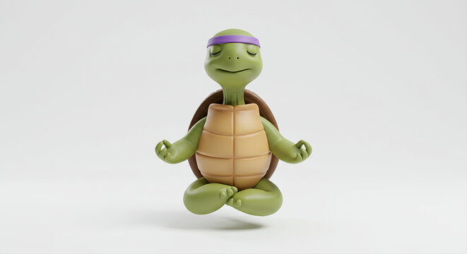 Cartoon turtle meditating light green beige purple