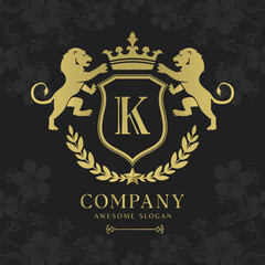 Royal Crest Lion Shield Logo with Crown and Laurel Luxury Monogram Emblem