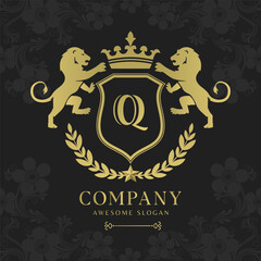 Royal Crest Lion Shield Logo with Crown and Laurel Luxury Monogram Emblem