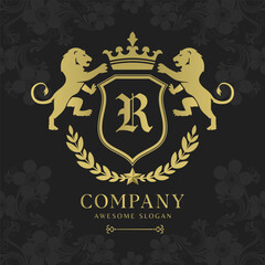 Royal Crest Lion Shield Logo with Crown and Laurel Luxury Monogram Emblem