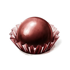 Watercolor chocolate truffle in gold wrapper, single object
