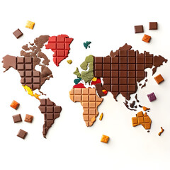 Watercolor world map made of chocolate pieces