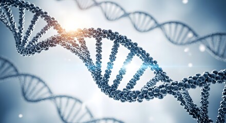 Illuminated DNA Double Helix Structure on Light Blue Background  Scientific Visualization of DNA Molecule with Shimmering Effect 