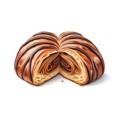 Watercolor chocolate croissant cut in half